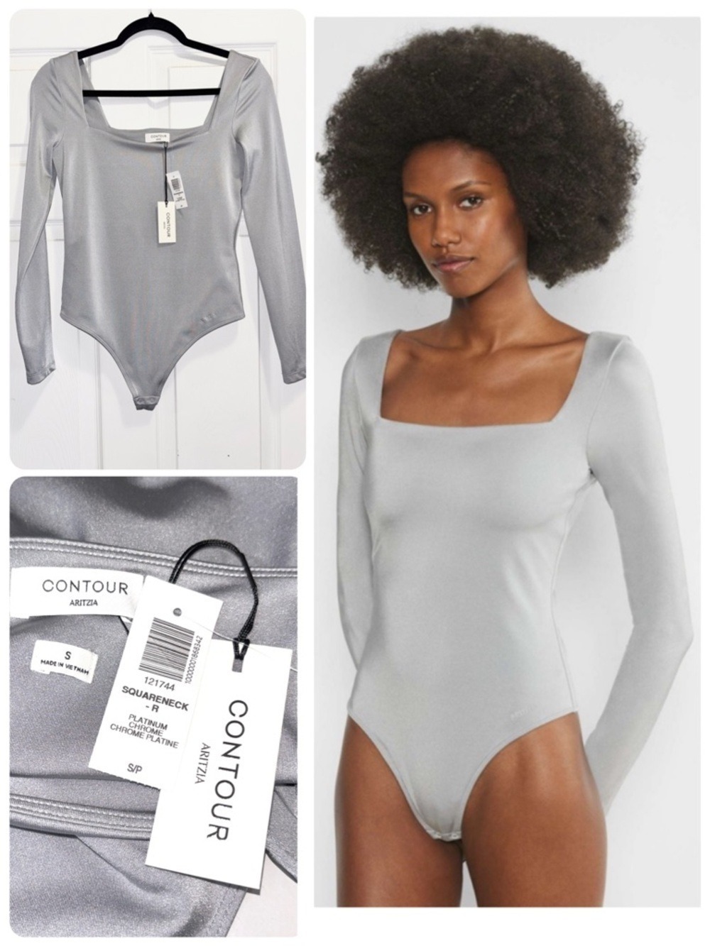 NWT Aritzia Contour SquareNeck Longsleeve Bodysuit Platinum Chrome Size Small